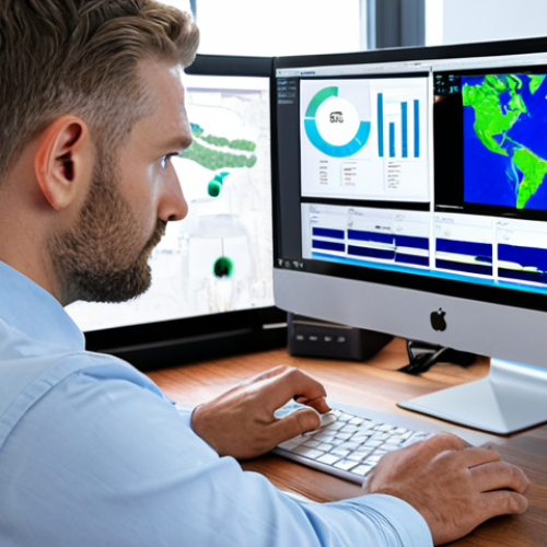 Home 7 **
Prompt: Insurance broker using AI platform, analyzing satellite images and weather data on a computer screen to assess flood risk for a property. Modern office setting, concerned but focused expression. InsurTech concept.
**