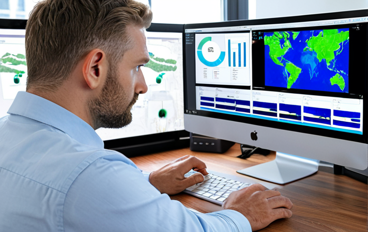 **

Prompt: Insurance broker using AI platform, analyzing satellite images and weather data on a computer screen to assess flood risk for a property. Modern office setting, concerned but focused expression. InsurTech concept.

**