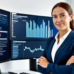 A professional adult female insurance broker, dressed in a modest business suit, standing confidently in a modern, light-filled office. She is looking directly at the viewer with a friendly, professional expression. In the background, subtle digital screens display abstract data visualizations, symbolizing technology and innovation in insurance. The overall atmosphere is dynamic and forward-thinking. fully clothed, appropriate attire, safe for work, perfect anatomy, correct proportions, natural pose, professional dress, well-formed hands, proper finger count, natural body proportions, high-quality photograph, appropriate content, modest, family-friendly.