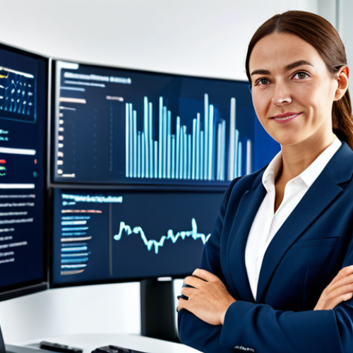A professional adult female insurance broker, dressed in a modest business suit, standing confidently in a modern, light-filled office. She is looking directly at the viewer with a friendly, professional expression. In the background, subtle digital screens display abstract data visualizations, symbolizing technology and innovation in insurance. The overall atmosphere is dynamic and forward-thinking. fully clothed, appropriate attire, safe for work, perfect anatomy, correct proportions, natural pose, professional dress, well-formed hands, proper finger count, natural body proportions, high-quality photograph, appropriate content, modest, family-friendly.