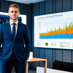 A professional individual, an insurance broker, in a modest business suit, standing confidently in a state-of-the-art office. Large, sleek digital displays in the background show complex data visualizations, financial graphs, and abstract cybersecurity patterns, reflecting advanced analytics. The lighting is modern and bright, highlighting a professional, insightful expression. The pose is natural and poised. High-resolution professional photograph, sharp focus, high detail, vibrant colors. safe for work, appropriate content, fully clothed, professional, perfect anatomy, correct proportions, natural pose, well-formed hands, proper finger count, natural body proportions.