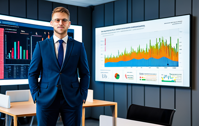 A professional individual, an insurance broker, in a modest business suit, standing confidently in a state-of-the-art office. Large, sleek digital displays in the background show complex data visualizations, financial graphs, and abstract cybersecurity patterns, reflecting advanced analytics. The lighting is modern and bright, highlighting a professional, insightful expression. The pose is natural and poised. High-resolution professional photograph, sharp focus, high detail, vibrant colors. safe for work, appropriate content, fully clothed, professional, perfect anatomy, correct proportions, natural pose, well-formed hands, proper finger count, natural body proportions.