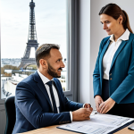 Insurance Broker Meeting with Client**

"A friendly insurance broker, fully clothed in professional attire, meeting with a client (male, 40s, also fully clothed in modest clothing) in a bright, modern office in Paris. They are reviewing documents at a table. Background features include the Eiffel Tower visible through the window. Safe for work, appropriate content, family-friendly, perfect anatomy, correct proportions, well-formed hands, natural pose, professional illustration, high quality, realistic."

**