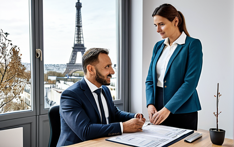 Insurance Broker Meeting with Client**
"A friendly insurance broker, fully clothed in professional attire, meeting with a client (male, 40s, also fully clothed in modest clothing) in a bright, modern office in Paris. They are reviewing documents at a table. Background features include the Eiffel Tower visible through the window. Safe for work, appropriate content, family-friendly, perfect anatomy, correct proportions, well-formed hands, natural pose, professional illustration, high quality, realistic."
**