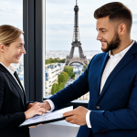 Young Insurance Broker Meeting with Clients**

"A young, professional insurance broker, fully clothed in a modest business suit, meeting with a friendly-looking couple in a bright, modern office. They are reviewing documents on a tablet.  The office has a view of Paris in the background.  Safe for work, appropriate content, perfect anatomy, natural proportions, professional, family-friendly, well-formed hands, proper finger count, natural body proportions, high quality."

**