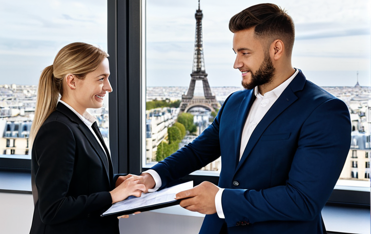 Young Insurance Broker Meeting with Clients**
"A young, professional insurance broker, fully clothed in a modest business suit, meeting with a friendly-looking couple in a bright, modern office. They are reviewing documents on a tablet. The office has a view of Paris in the background. Safe for work, appropriate content, perfect anatomy, natural proportions, professional, family-friendly, well-formed hands, proper finger count, natural body proportions, high quality."
**