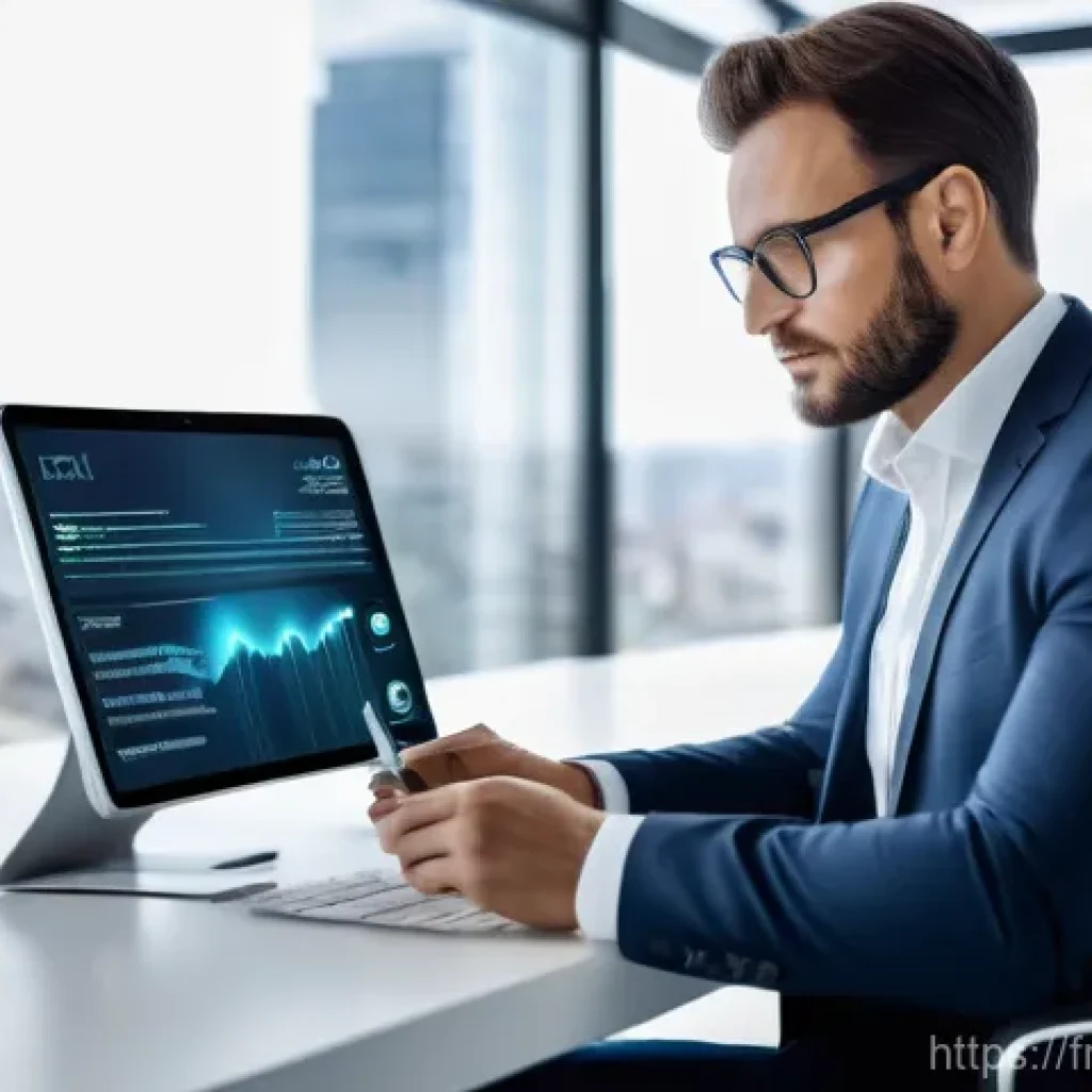 보험중개사 경력 관리의 중요성 - A professional French insurance broker, appearing in their late 30s to early 40s, sits at a sleek, m...