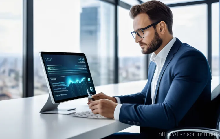 보험중개사 경력 관리의 중요성 - A professional French insurance broker, appearing in their late 30s to early 40s, sits at a sleek, m...