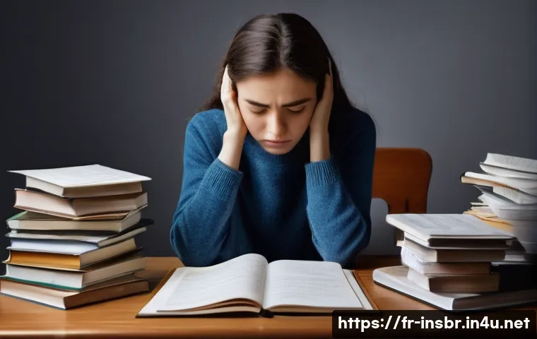 보험중개사 시험 실패 후 재도전 경험담 - **Prompt:** A young woman, appearing thoughtful and slightly dejected, sitting at a desk overflowing...