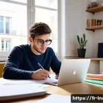Home 22 보험중개사 필기시험 대비 최신 트렌드 - A focused young adult studying insurance brokerage exam materials in a bright, modern French apartme...