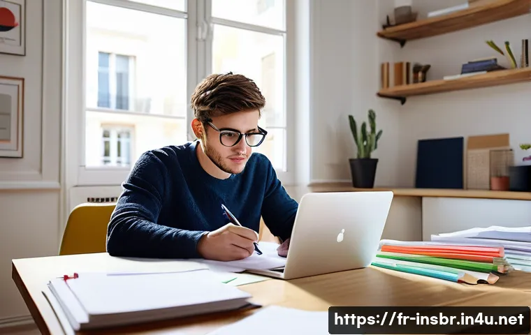 보험중개사 필기시험 대비 최신 트렌드 - A focused young adult studying insurance brokerage exam materials in a bright, modern French apartme...