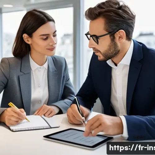 Home 33 보험중개사와 관련된 고객 관계 관리 성공 사례 연구 분석 및 사례 - A professional insurance broker in a modern Paris office, attentively listening to a middle-aged Fre...