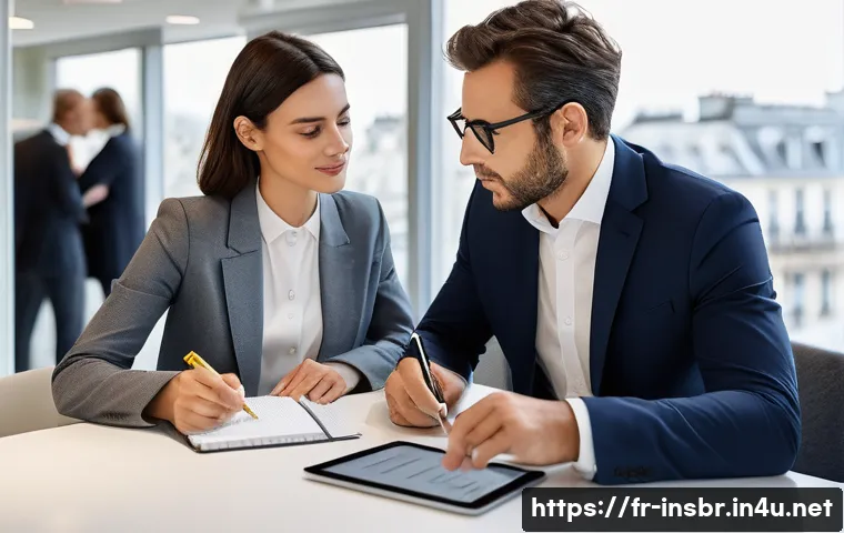 보험중개사와 관련된 고객 관계 관리 성공 사례 연구 분석 및 사례 - A professional insurance broker in a modern Paris office, attentively listening to a middle-aged Fre...