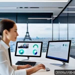 Home 20 보험중개사와 AI 기술 도입 가능성 - A modern French insurance broker’s office with a sleek digital setup: a professional in business att...
