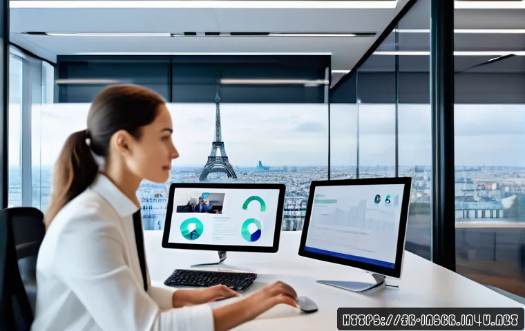 보험중개사와 AI 기술 도입 가능성 - A modern French insurance broker&rsquo;s office with a sleek digital setup: a professional in business att...