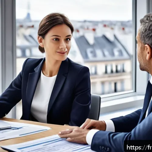 Home 30 보험중개사와 보험설계사의 차이점 - A professional insurance broker in a modern French office setting, dressed in business attire with a...