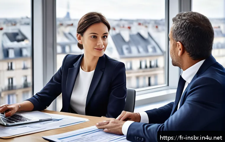 보험중개사와 보험설계사의 차이점 - A professional insurance broker in a modern French office setting, dressed in business attire with a...