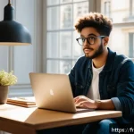 Home 23 보험중개사 시험 준비 시 유용한 앱 추천 - A focused French student sitting at a modern desk in a bright study room, using a laptop and smartph...