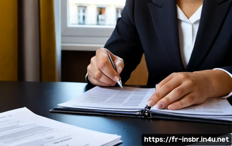 보험중개사 실무에서 주의해야 할 실수 - Photorealistic French insurance broker carefully reviewing a client policy file at a tidy Paris offi...