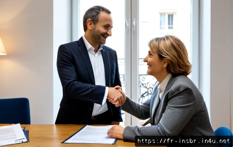 보험중개사로 일하며 느낀 보람 - Photorealistic French insurance broker in a bright Paris office, warmly shaking hands with a relieve...