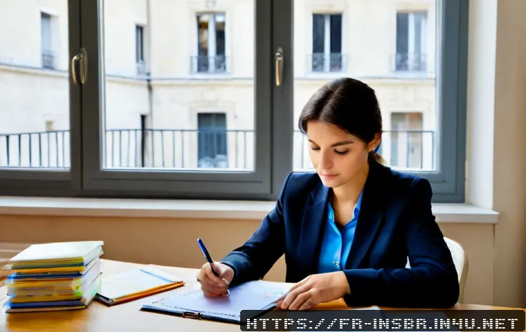 Home 17 보험중개사 시험 중간 점검 체크리스트 - Photorealistic French insurance broker exam study checkpoint, mature student seated at a tidy Paris ...