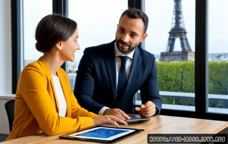 보험중개사와 보험업계 트렌드 - Photorealistic French insurance broker in a modern Paris office, warmly advising a middle-aged coupl...